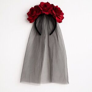 Red Rose Veil Headband Goth Halloween Costume